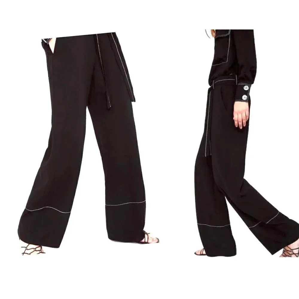 Zara Wide Leg Contrasting Top Stitch Pants Trouser BNWT - Picture 3 of 6